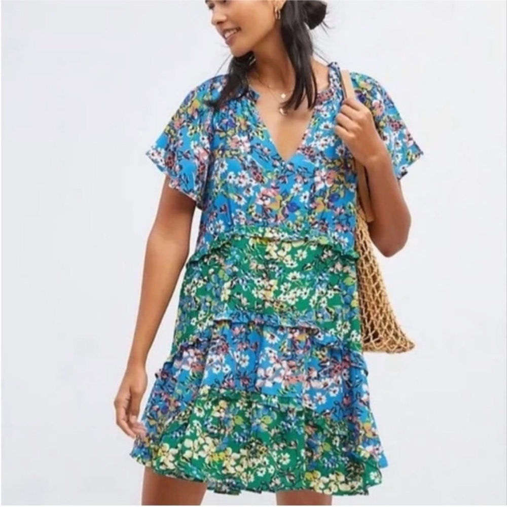 Anthropologie Robin Tiered Floral Dress Blue XS